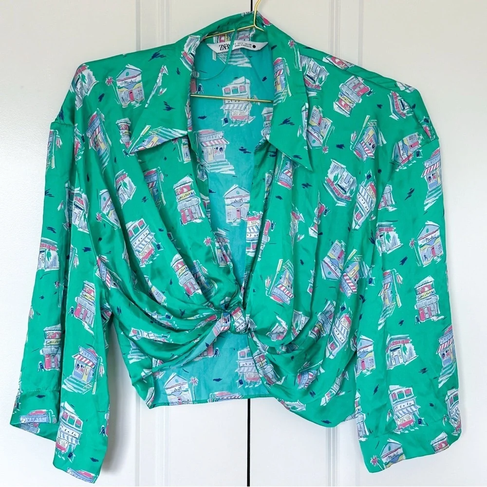 Zara Green Button Down Crop Top with Notched Collar - Picture 8 of 12